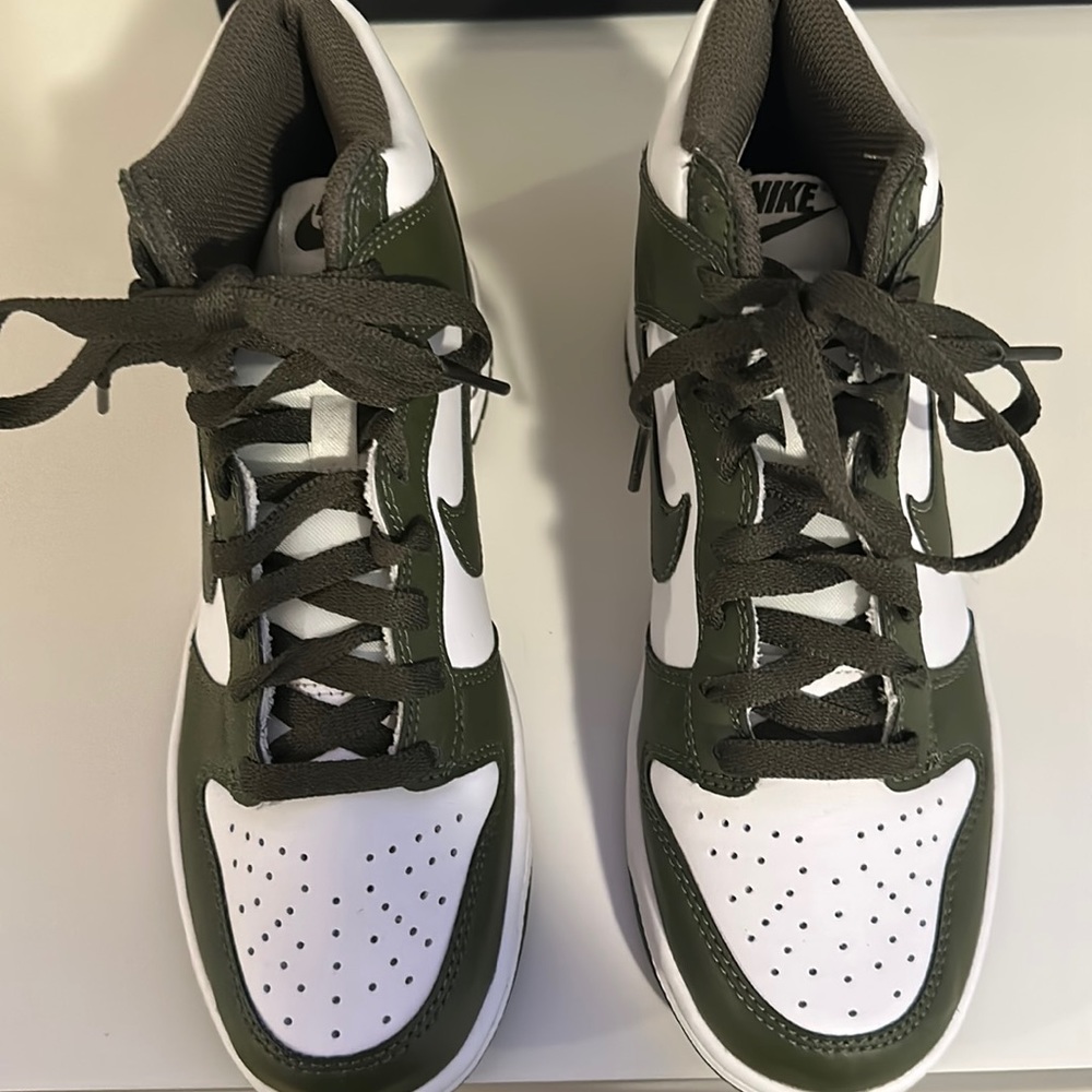 Nike olive green and white high top dunks size 4.5 or womens 6, Never worn